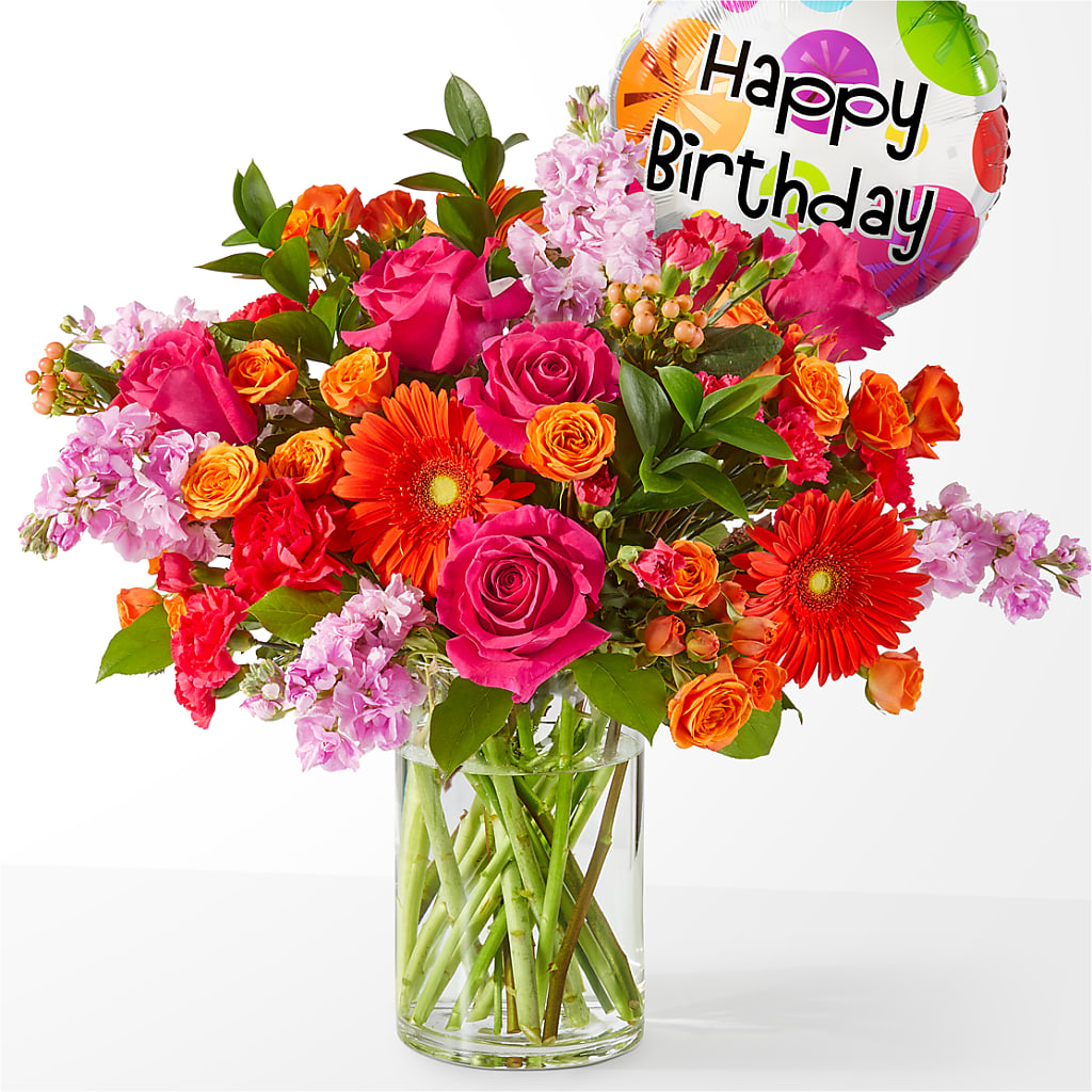 Fiesta Bouquet with Birthday Balloon – TIGERLILY'S FLOWERS, Broken Arrow OK