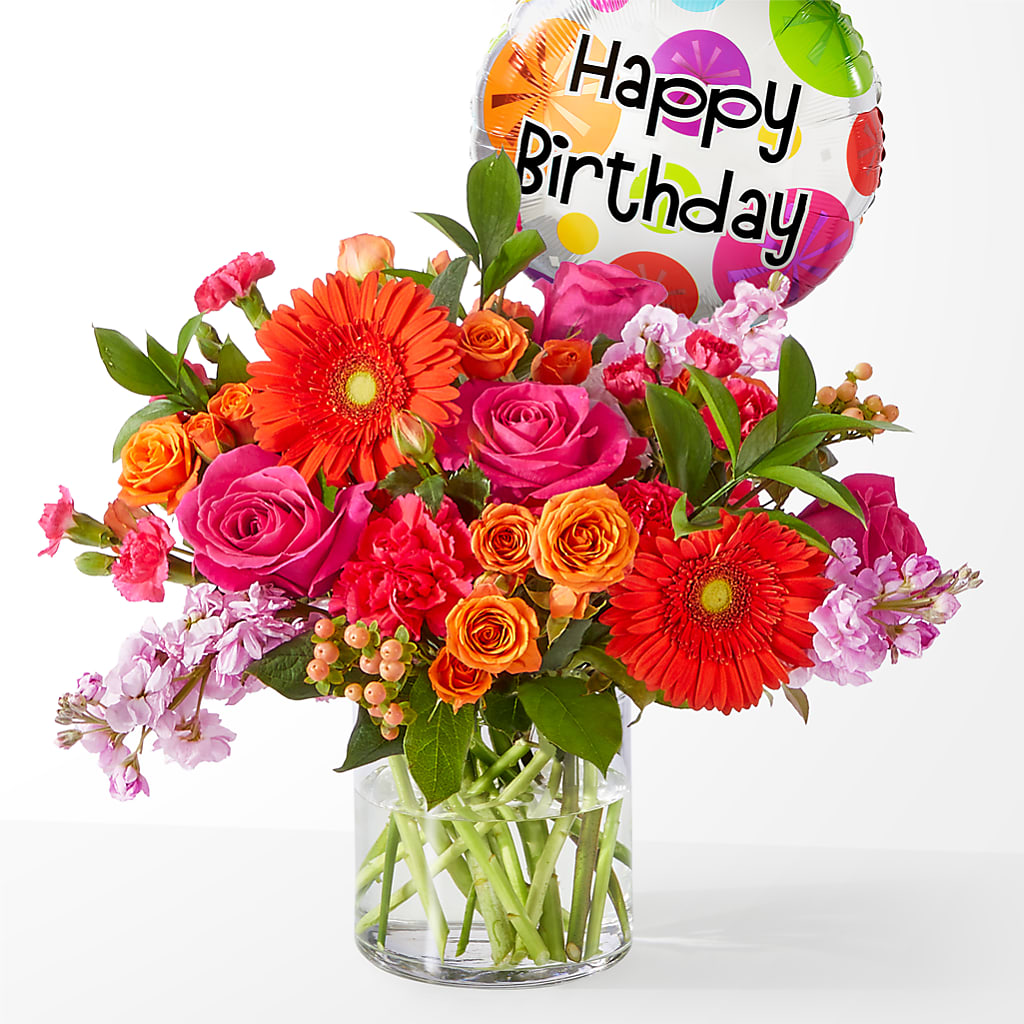 Fiesta Bouquet with Birthday Balloon – TIGERLILY'S FLOWERS, Broken Arrow OK