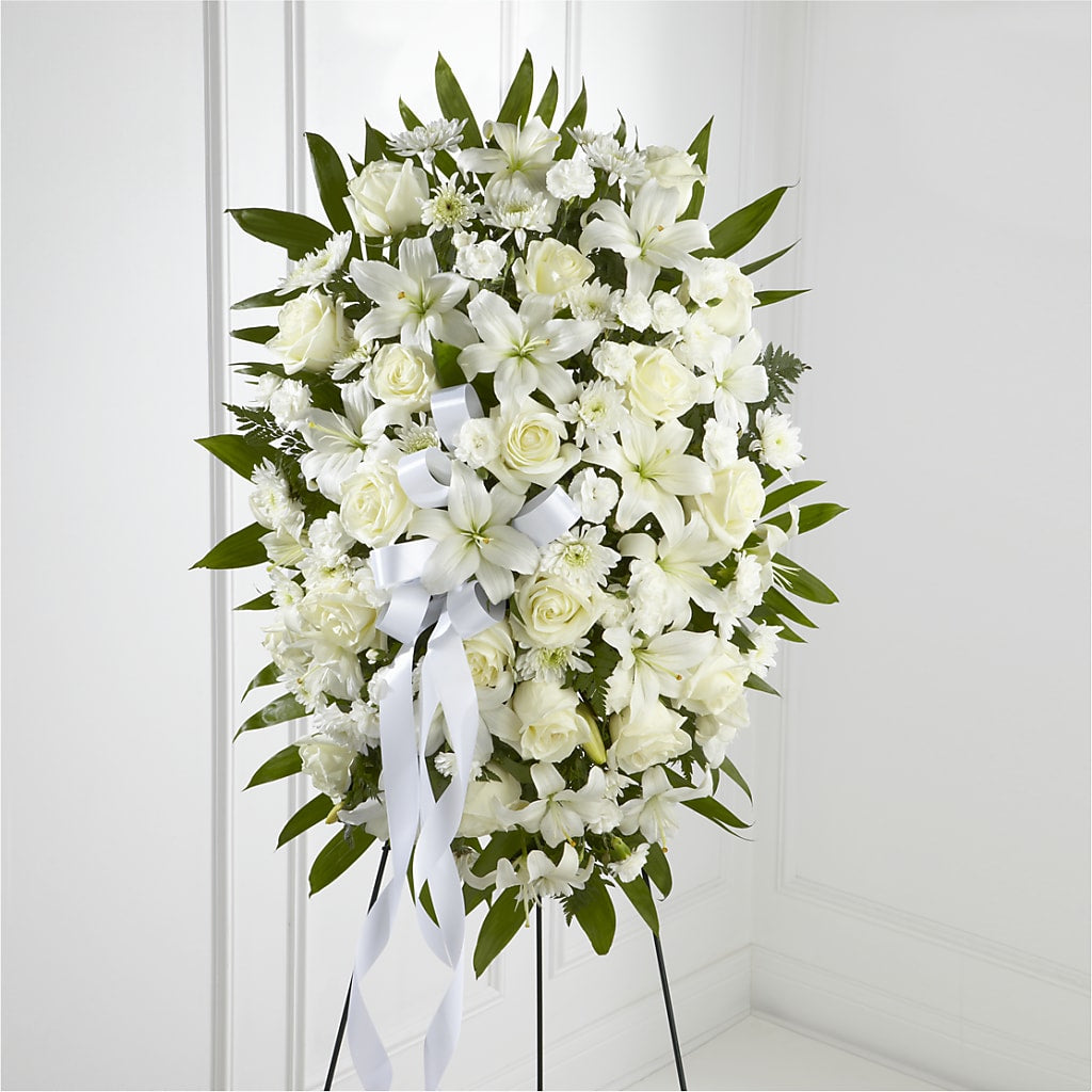 Exquisite Tribute Standing Spray-White Ribbon – TIGERLILY'S FLOWERS, Broken Arrow OK