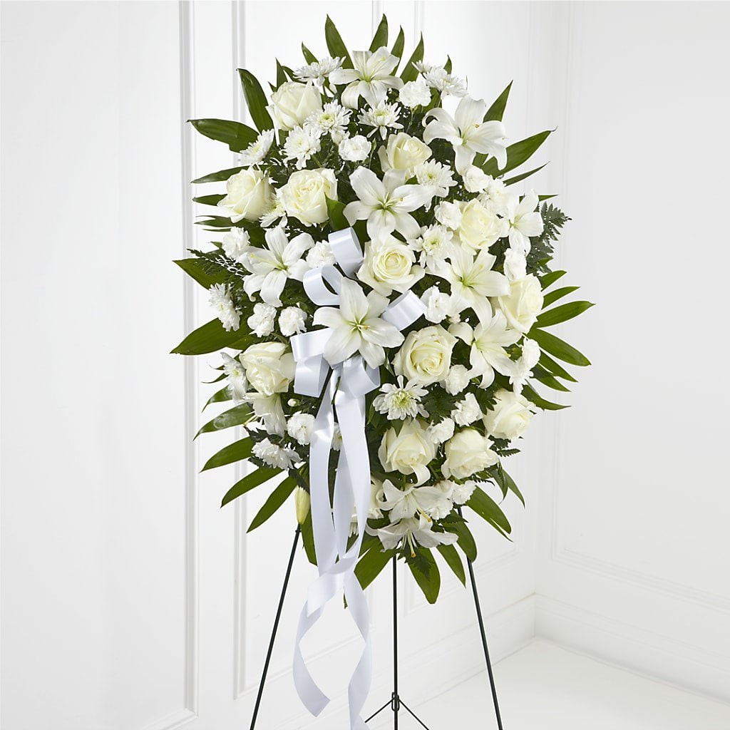 Exquisite Tribute Standing Spray-White Ribbon – TIGERLILY'S FLOWERS, Broken Arrow OK