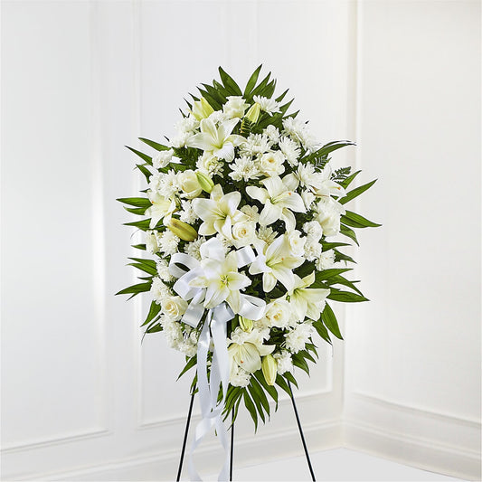 Exquisite Tribute Standing Spray-White Ribbon – TIGERLILY'S FLOWERS, Broken Arrow OK